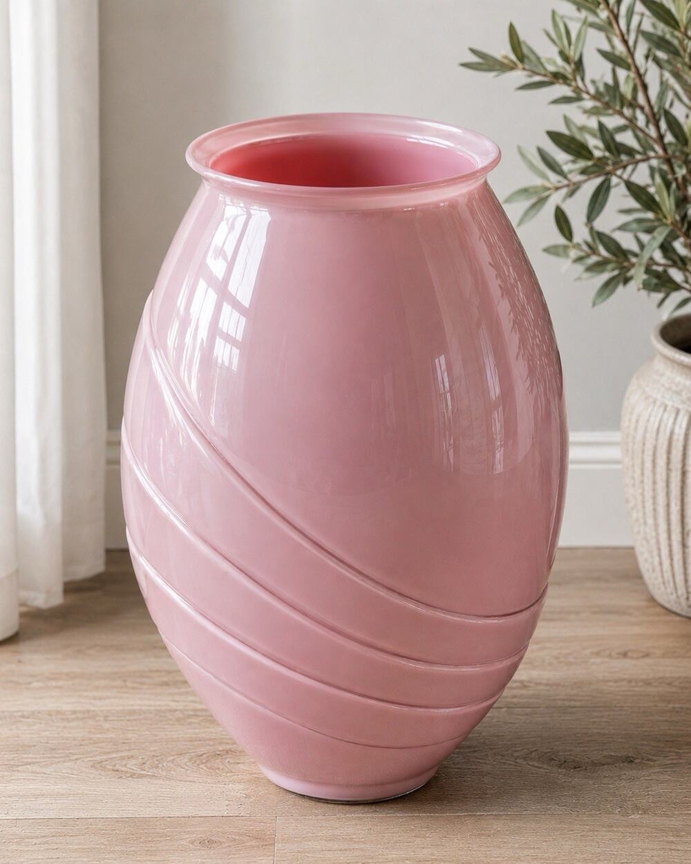 VTG Pink Mauve Art Glass Floor Vase Swirl Ribbed Deco MCM 18”